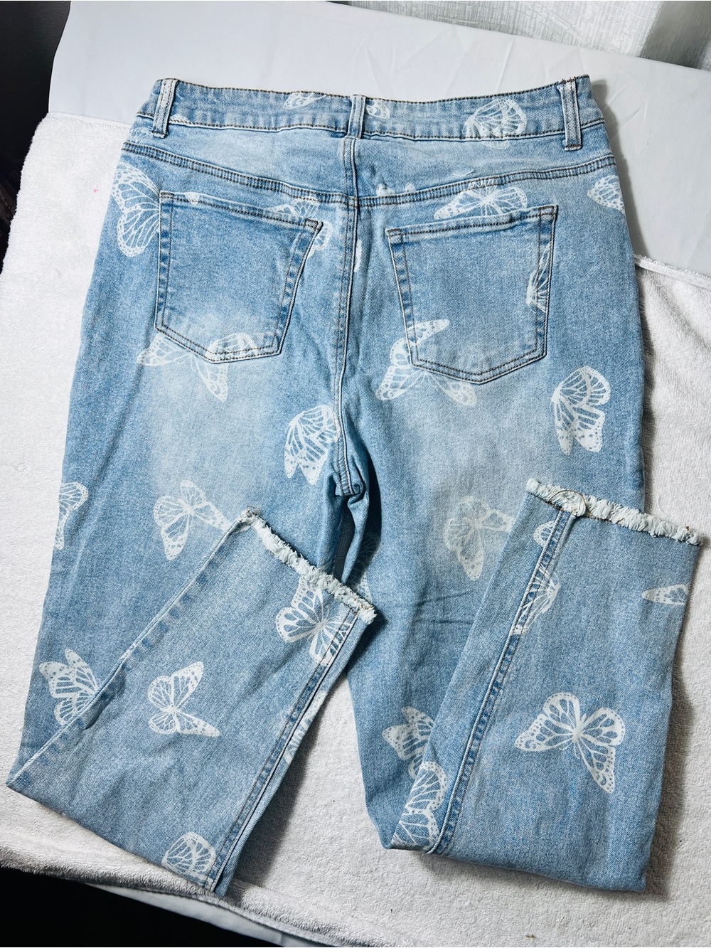 love, Fire Light Blue Boyfriend Jeans with White Butterfly Print - Picture 2 of 6